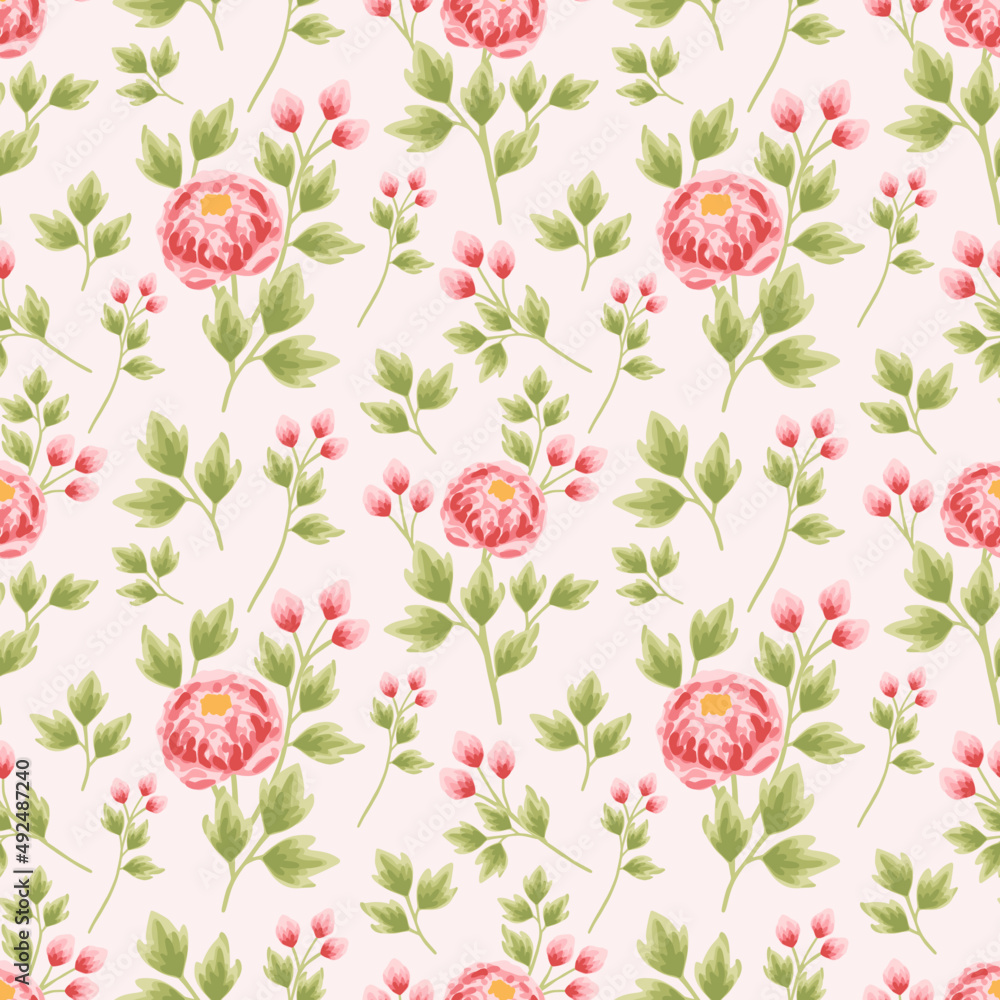 Vintage spring and summer peony flower and leaf branch vector seamless pattern illustration arrangements for fabric, floral prints, textile, gift wrapping paper, feminine brand and beauty products