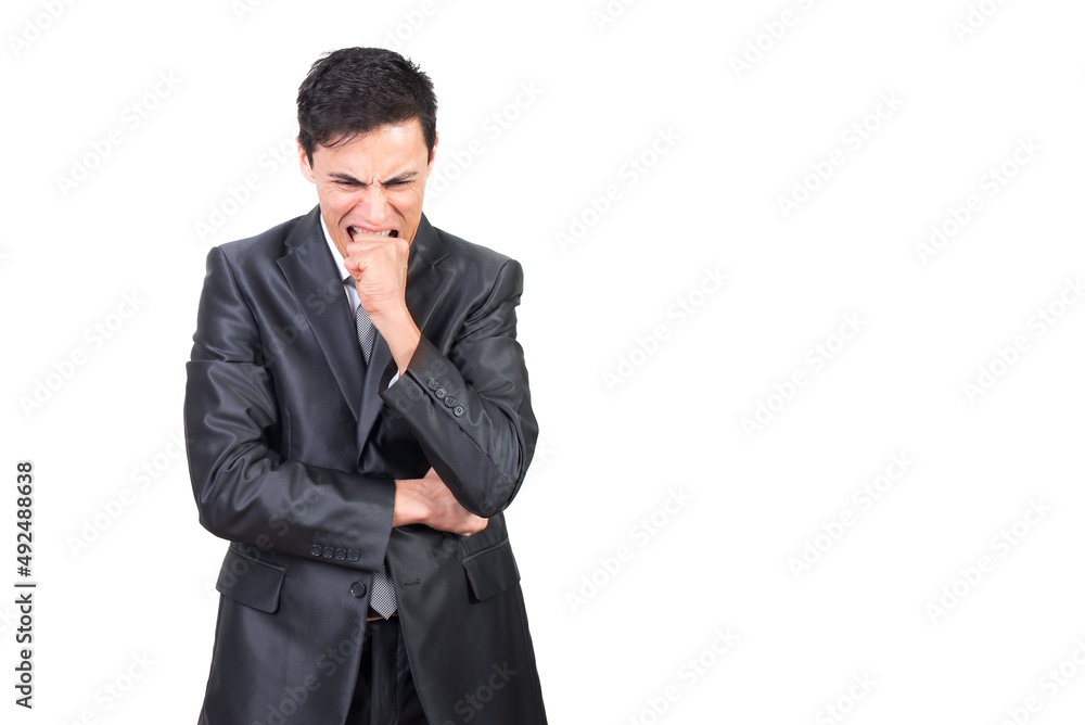 Excited man biting hand while expressing nervous state Excited man biting hand while expressing nervous state