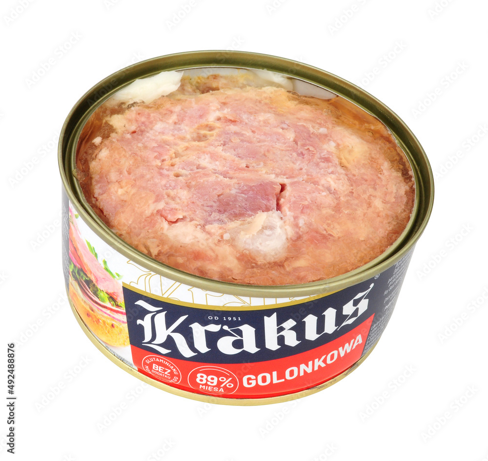 Krakus golonkowa canned cured Polish pork knuckle meat in a 300g tin Stock Photo Adobe Stock
