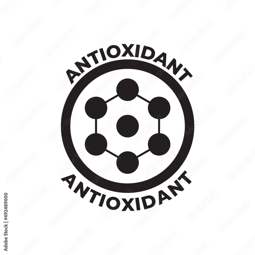 Antioxidant label icon in black flat glyph, filled style isolated on white background Antioxidant label icon in black flat glyph, filled style isolated on white background