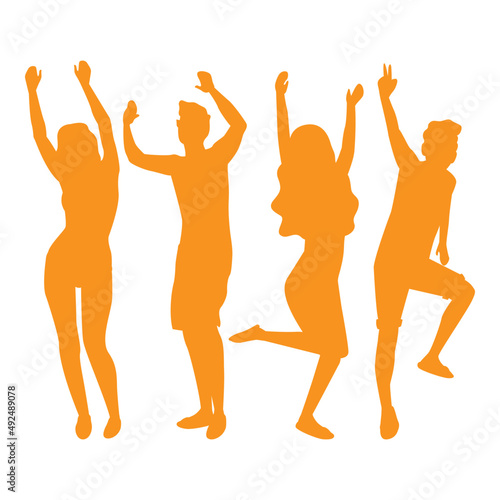 Silhouette men and women disco dance on white background 