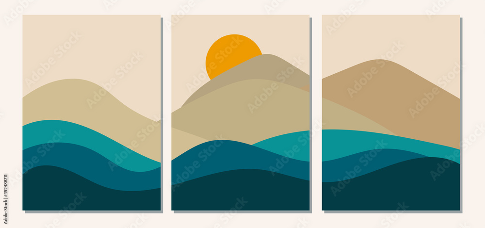 Set Abstract Landscape of Mountains and Rivers with the Sun in a Minimal Trendy Style. Vector Background in Terracotta Colors for covers, Posters, Postcards, social media Stories. Boho Art Prints