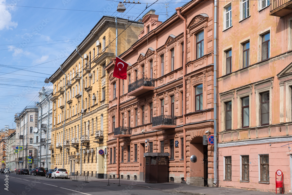 Building of the Consulate General of the Republic of Turkey on 7th Sovetskaya Street on a sunny August day, Saint Petersburg
