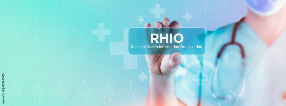 RHIO (Regional Health Information Organization). Doctor holds virtual card in his hand. Medicine digital RHIO (Regional Health Information Organization). Doctor holds virtual card in his hand. Medicine digital