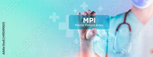 MPI (Master Patient Index). Doctor holds virtual card in his hand. Medicine digital