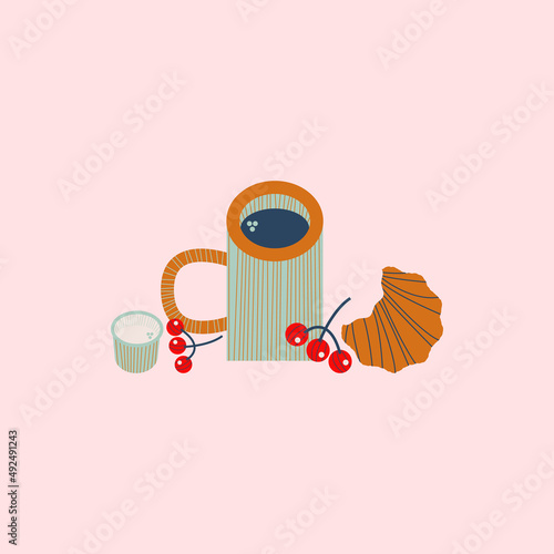 Stylish illustration, card, design, breakfast print. Coffee, berries, croissant, cream. Vector