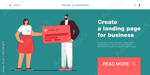 Cartoon couple holding huge credit card together. Woman giving card to man flat vector illustration. Finances, banking, family budget concept for banner, website design or landing web page