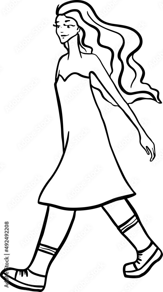 Cute girl with long hair is walking fast. Cartoon young woman sketch. Vector illustration.