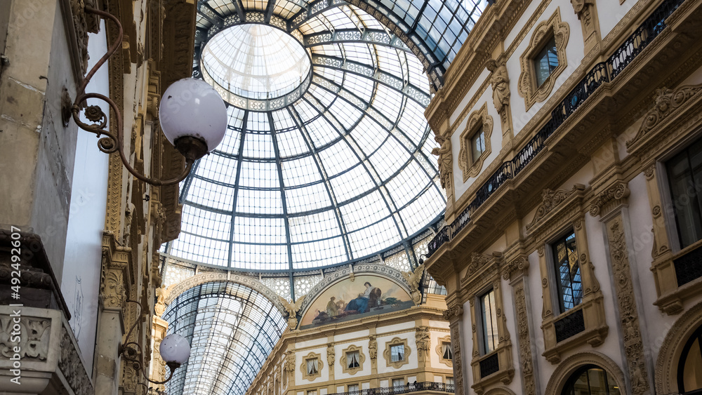 Architectural detail of the Galleria Vittorio Emanuele II in the city of Milan, Italy's oldest active shopping gallery and a major landmark, located at the Piazza del Duomo  (Cathedral Square)