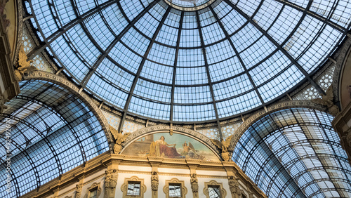 Architectural detail of the Galleria Vittorio Emanuele II in the city of Milan  Italy s oldest active shopping gallery and a major landmark  located at the Piazza del Duomo   Cathedral Square 