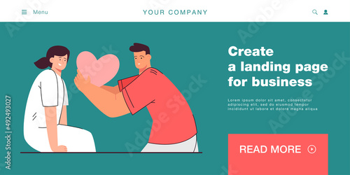 Boy giving romantic red heart to girl on date or on Valentines Day. Declaration or confession of love flat vector illustration. Love, relationship concept for banner, website design, landing web page