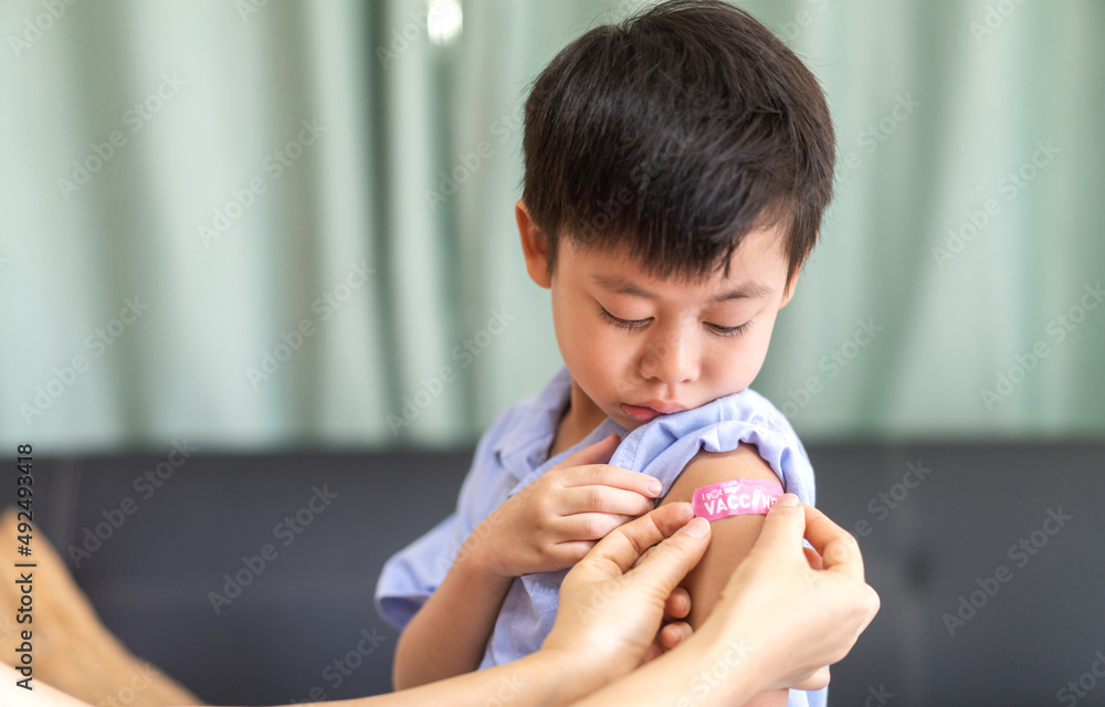 Portrait of happy smile vaccinated little asian kid boy children ages 5 to 11 years old posing show arm with medical plaster after Injection vaccine Covid-19 protection.coronavirus vaccination kid Portrait of happy smile vaccinated little asian kid boy children ages 5 to 11 years old posing show arm with medical plaster after Injection vaccine Covid-19 protection.coronavirus vaccination kid