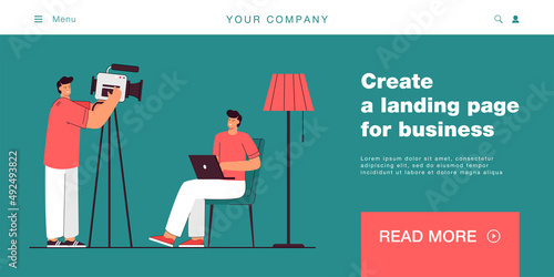 Cameraman shooting young man with laptop on chair. Video session of male freelancer on desert background flat vector illustration. Video recording concept for banner, website design, landing web page