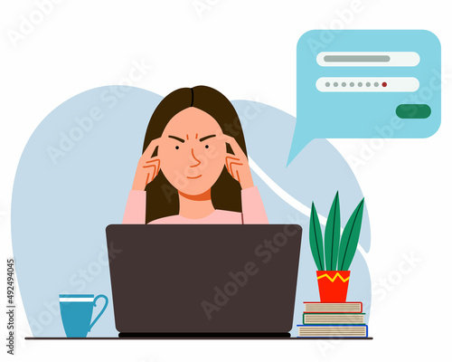 The concept of a woman thinking behind a laptop. Forgot your password and account login for the web page. Flat vector illustration.