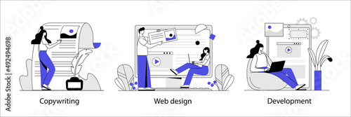 set of concepts on the theme of copywriting, cms development, web design. characters in blue.