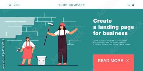 Cartoon mother and daughter painting walls together. Woman and little girl with paint rollers renovating home flat vector illustration. Family, renovation concept for banner or landing web page