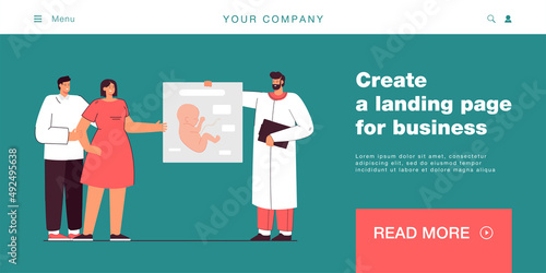 Doctor showing picture of embryo to married couple. Young family consulting medical professional about baby flat vector illustration. Medicine, fertility, pregnancy concept for banner or landing page