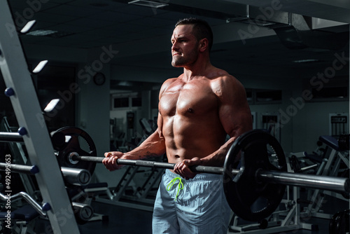 Muscular man doing biceps lifting barbell. Portrait of young athlete doing exercise with dumbbell at the gym. Crossfit, sport and healthy lifestyle concept.