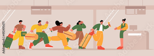 People running at airport, worried men and women tourists run for registration desk, show tickets. Characters hurry to plane boarding. Travelers missing or transit flight, Line art vector illustration