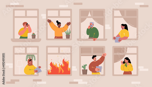 Fire in house with people in windows, frightened neighbors waving hands, yell, shoot burning flame on smartphone, pour water and ask for help. Dangerous accident at home, Line art vector illustration