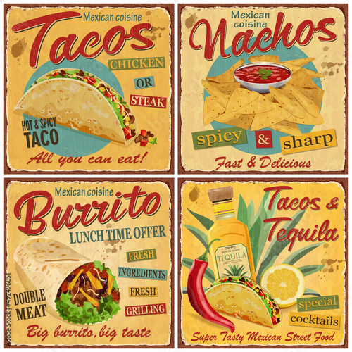 Mexican food vintage vector poster collection.Retro Tacos,Nachos,Burrito,Tequila metal sign.