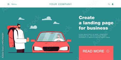 Cartoon car driver stopping by male tourist. Man offering ride to traveler or backpacker flat vector illustration. Car sharing, traveling, tourism concept for banner, website design or landing page