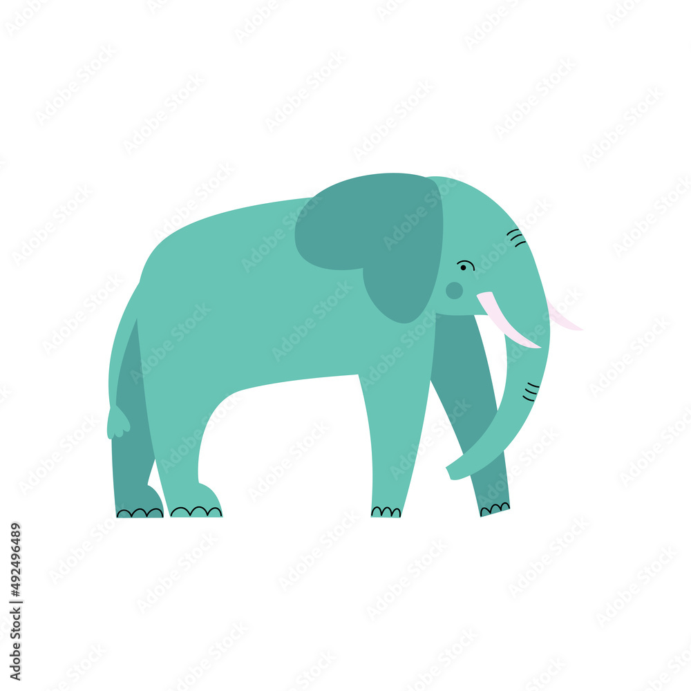 Vector flat illustration with cute elephant on a white background. Big savannah animal