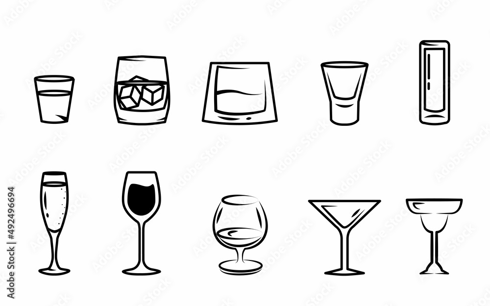 Bar Glasses Vector Icons Set. Vector Types Of Barware Glasses