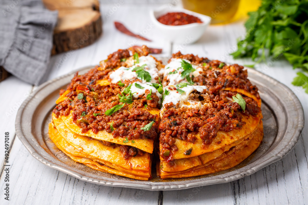 Turkish Food Kayseri Yaglama with Minced Meat, Yogurt and Tomato Paste Turkish Food Kayseri Yaglama with Minced Meat, Yogurt and Tomato Paste