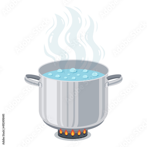 Boiling water in steel pot. Cooking pan on stove with water and steam. Vector illustration.