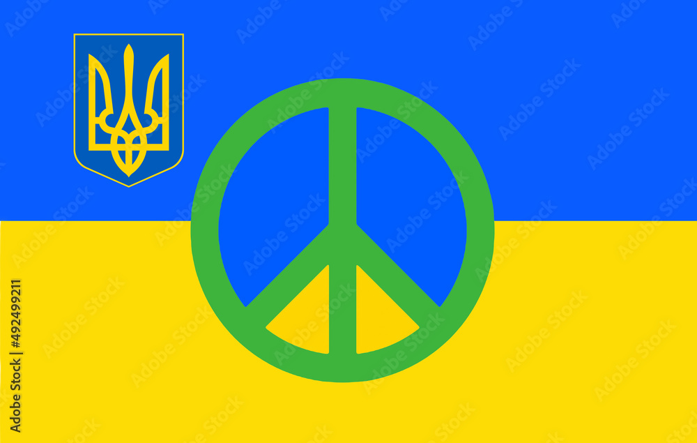 Pacifist green sign against the background of the flag and coat of arms of Ukraine. Pacifist green sign against the background of the flag and coat of arms of Ukraine.
