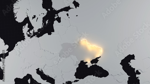 The political map of Ukraine, the war with Russia, the border of military operations. 3d illustration, minimalistic map with backlight.