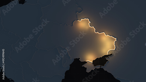The political map of Ukraine, the war with Russia, the border of military operations. 3d illustration, minimalistic map with backlight. photo