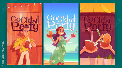 Cocktail party cartoon posters, invitation flyers with smiling woman wearing summer dress holding coconut drinks and barman wipe cup. Vector promo cards for exotic hawaiian beach resort bar recreation