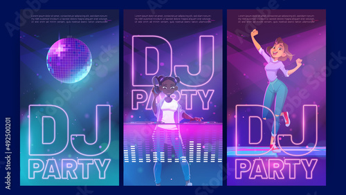 Dj party cartoon invitation posters, woman dancing in night club with african girl disc jockey with headphones playing music at console during dance festival or musical battle event, Vector ads flyers