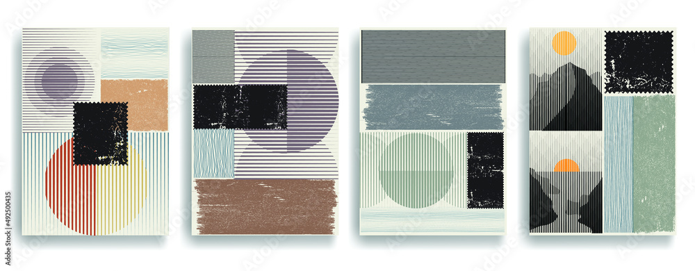 Modern layout with minimalist design elements . Grunge textured shapes in Boho style  . Wall art , home deco . Vector abstract shape. Modern art . Contemporary layouts set .