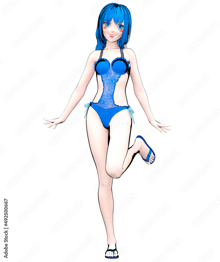 3D comics cosplay anime girl in swimsuit.
