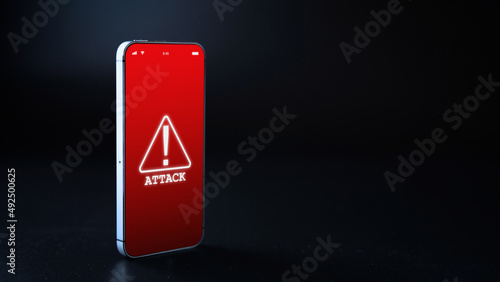 Hacker security cyber attack smartphone. Digital mobile phone isolated on black. Internet web hack technology. Login and password, cybersecurity banner concept.