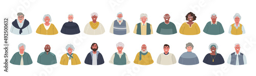 Avatars set of diverse smiling elderly people.Vector flat illustration.