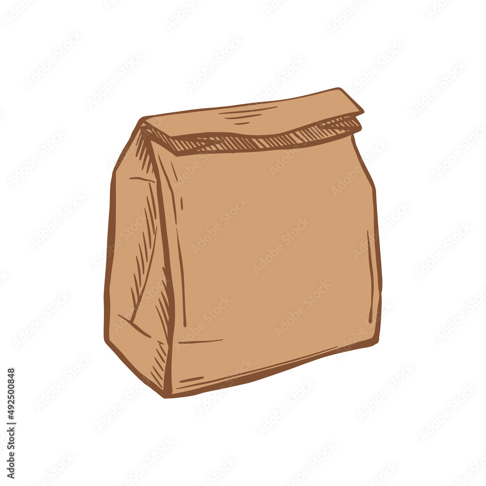 Delivery bag brown hand drawn sketch. Paper Bag for Grocery Shopping. Packaging for breakfast. Vector illustration