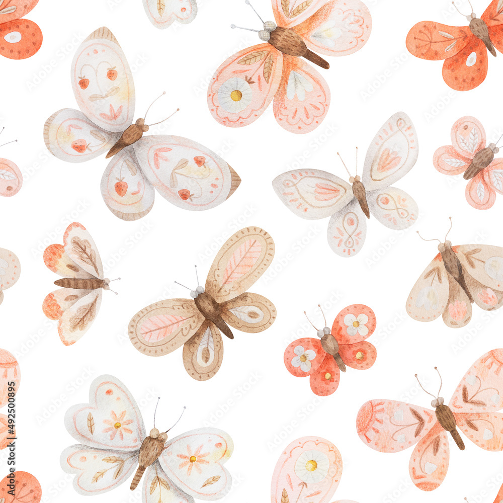Seamless pattern with different butterflies. Watercolor hand-drawn texture with pink butterflies
Seamless pattern with different butterflies. Watercolor hand-drawn texture with pink butterflies