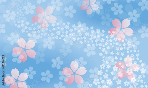 春のイメージの桜のイラスト背景　桜吹雪　花の川　ブルー　花満開バックグラウンド