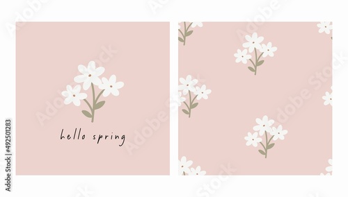 Cute cartoon spring flowers. Awesome vector print and seamless pattern