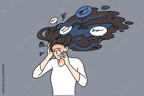 Unhappy stressed woman with paranoid thoughts in mind. Upset distressed girl suffer from panic stressful ideas, have psychological mental problems. Counseling concept. Vector illustration.  photo
