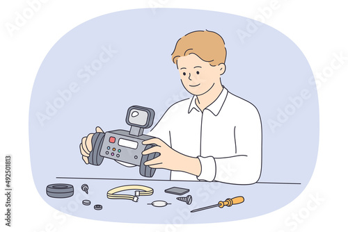 Teen boy sit at table repair robot himself. Smart small kid enjoy hobby activity fix robotic assistant. Engineering and programming for children concept. Flat vector illustration. 