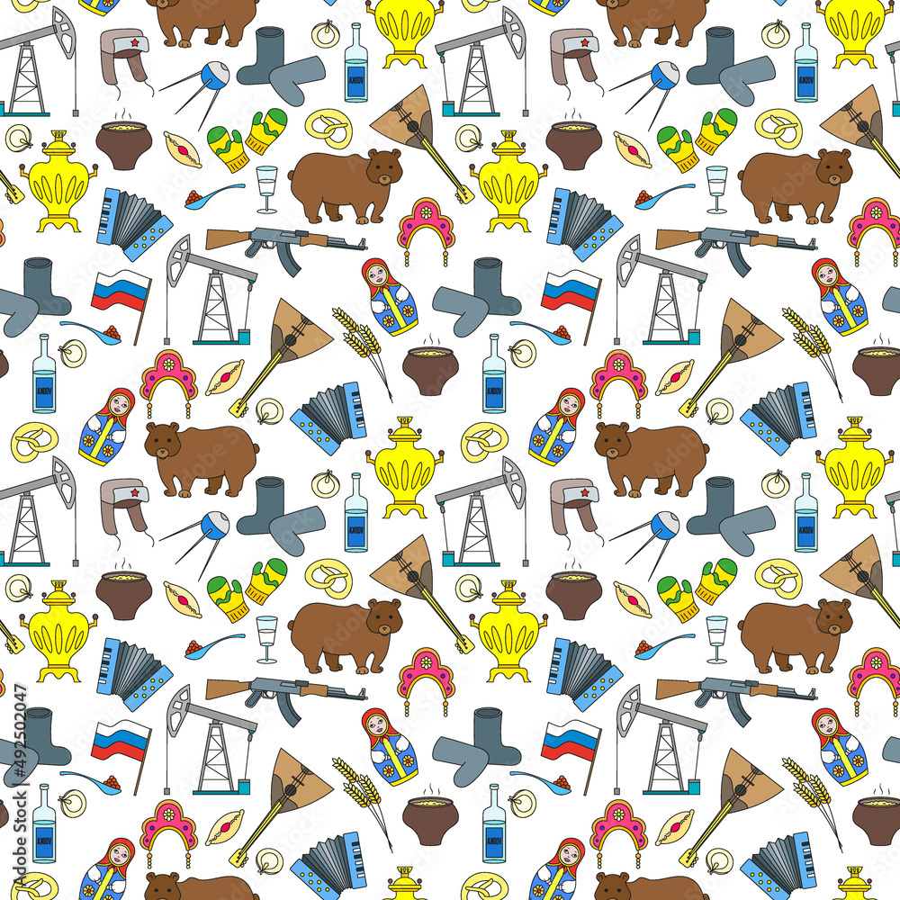 Seamless pattern on the theme of travel in the country of Russia, colored cartoon icons  on a white background