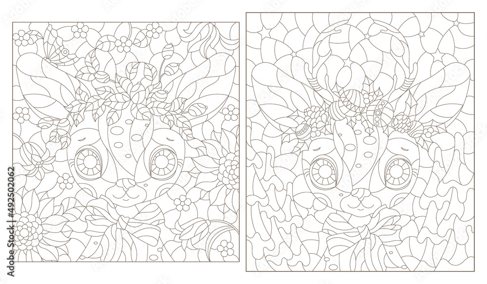 Naklejka premium A set of contour illustrations in the style of stained glass with cute portraits of deer, dark contours on a white background