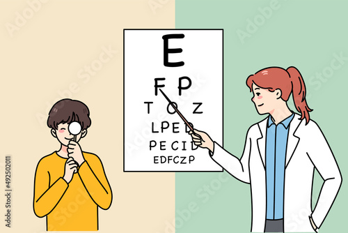 Happy caring female doctor check sight of small boy child in hospital. Woman ophthalmologist examine eyesight of little kid in clinic. Healthcare and medicine concept. Vector illustration. 