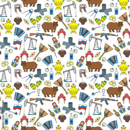 Fototapeta Naklejka Na Ścianę i Meble -  Seamless pattern on the theme of travel in the country of Russia, colored cartoon icons  on a white background