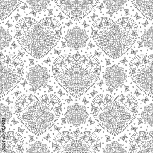 Seamless pattern with dark contour hearts, butterflies and flowers on a white background